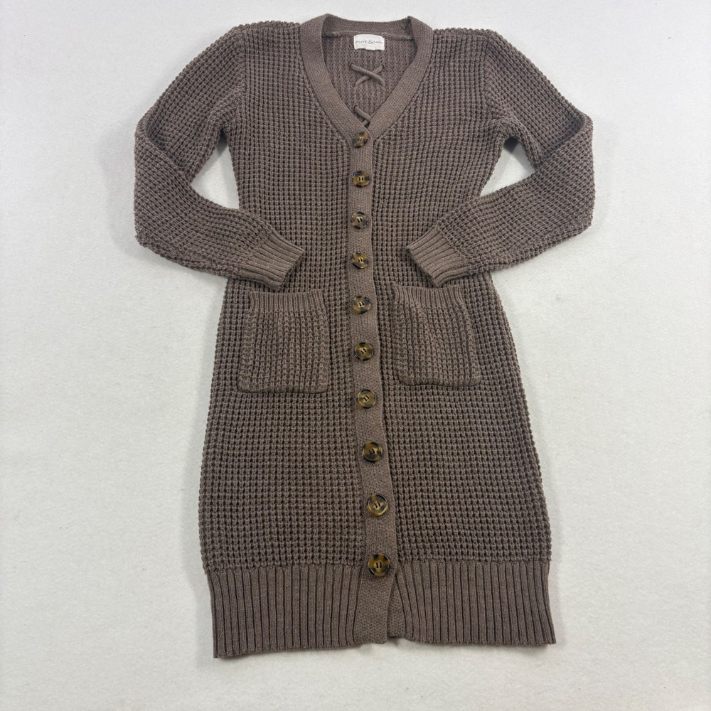 Y2K Style Olive & Oak Long Cardigan Sweater Womens M Brown Waffle Knit Lace Up